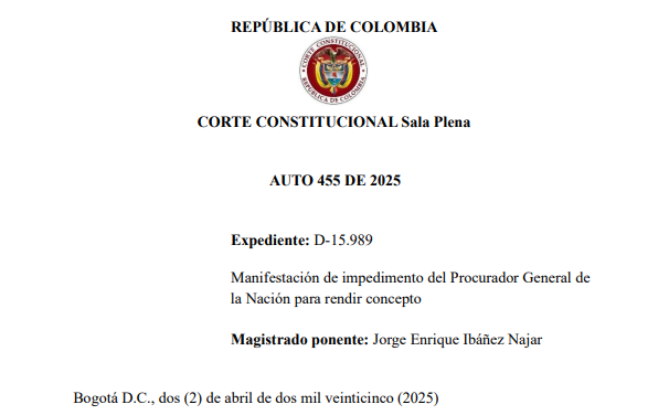  Corte Constitucional rechaza impedimento del Procurador en control de Ley 2381 de 2024